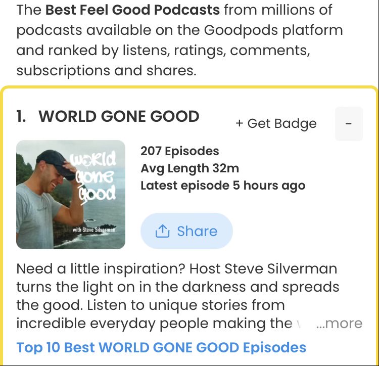 The Best Feel Good Podcasts from millions of podcasts available on the Goodpods platform and ranked by listens, ratings, comments, subscriptions and shares. 